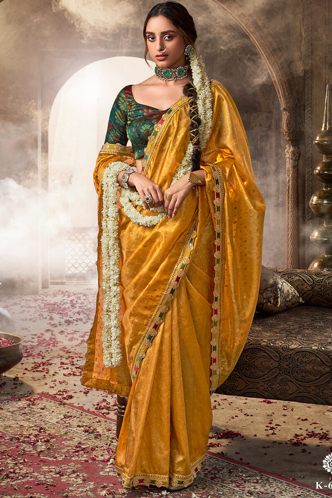 Golden Yellow Pure Tissue Silk Saree with Multicolor Lace Border