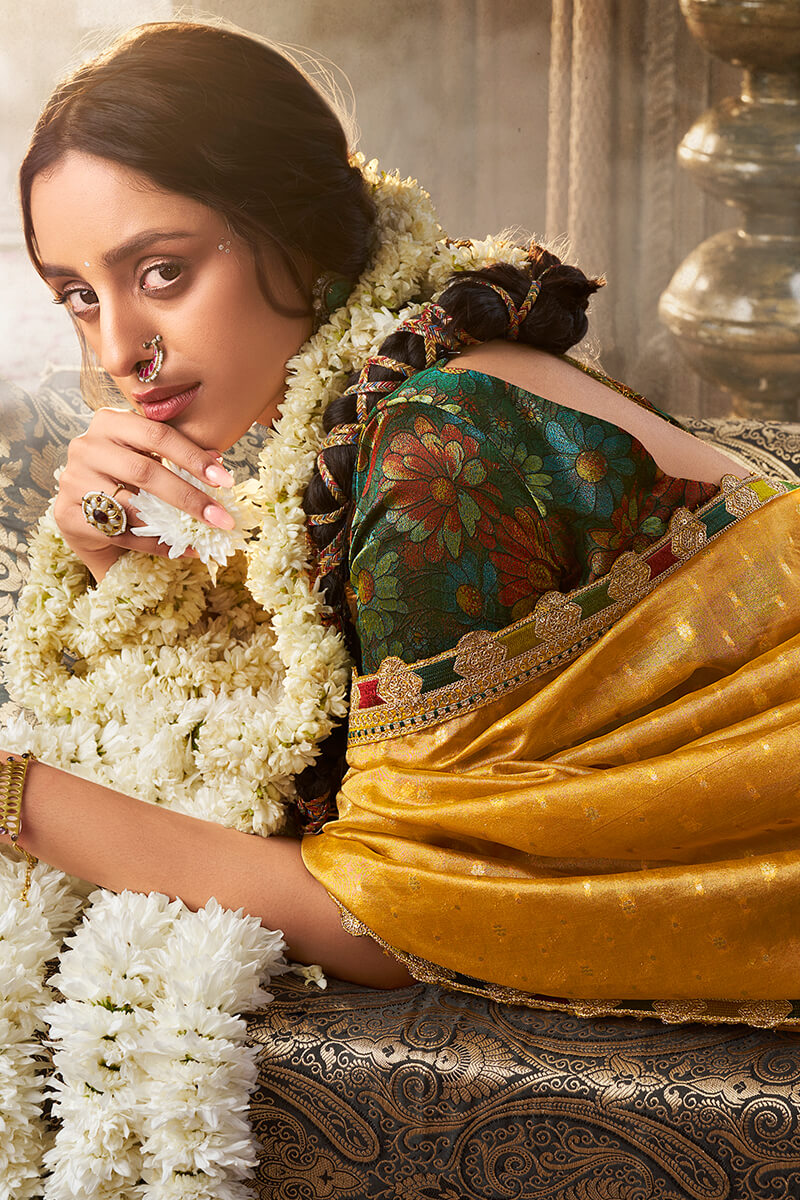Golden Yellow Pure Tissue Silk Saree with Multicolor Lace Border