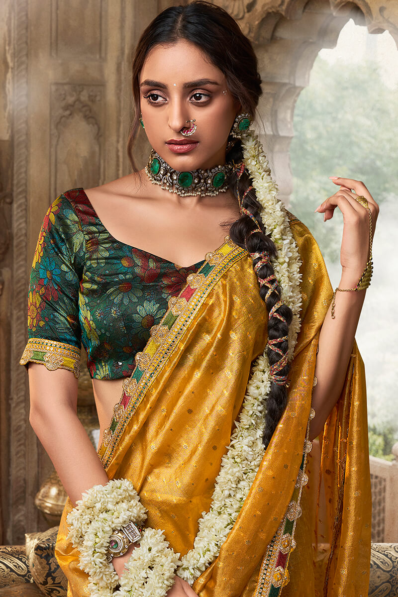Golden Yellow Pure Tissue Silk Saree with Multicolor Lace Border