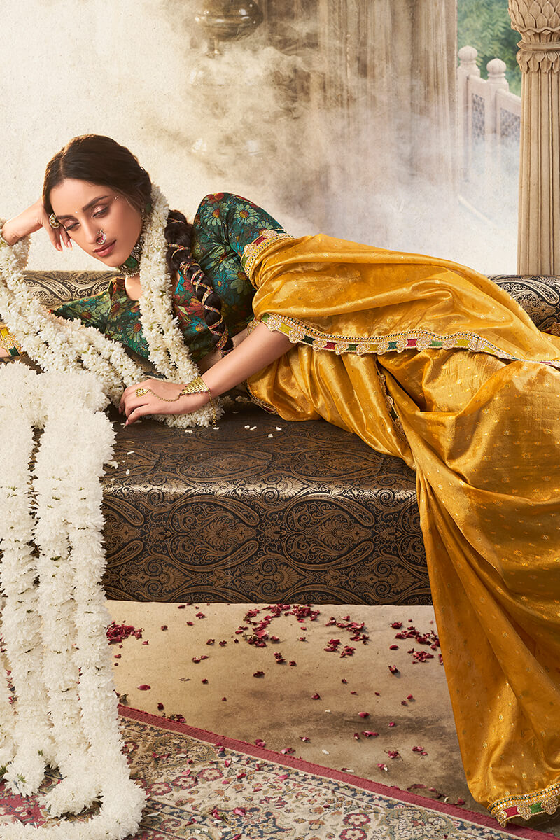 Golden Yellow Pure Tissue Silk Saree with Multicolor Lace Border