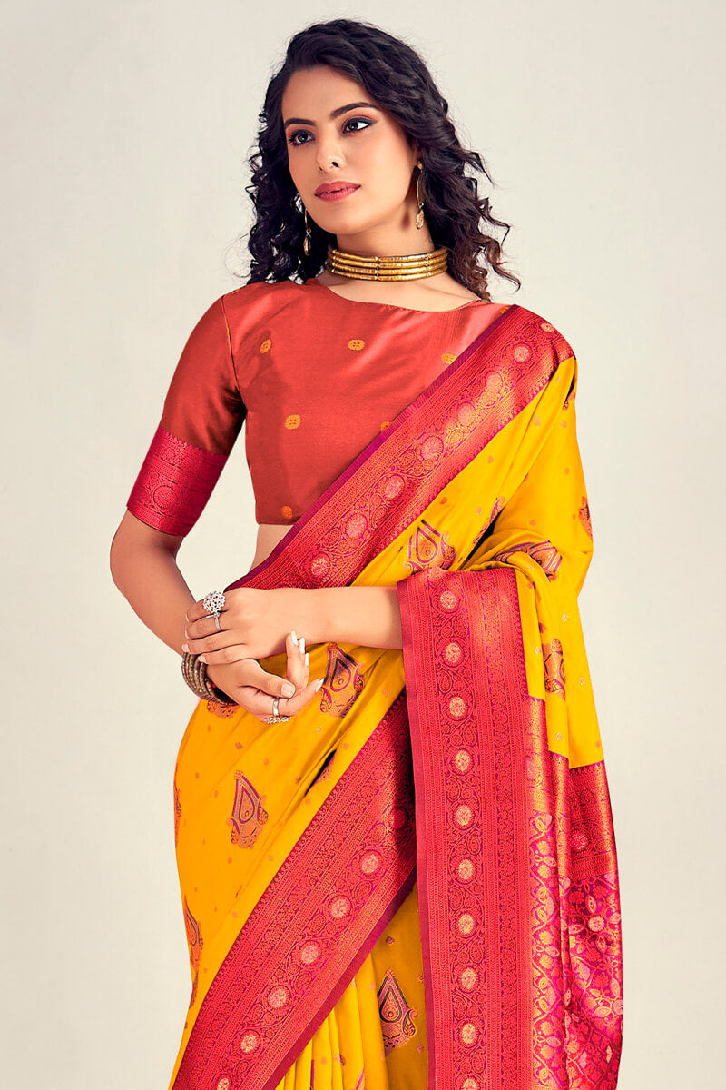 Golden Yellow Soft Banarasi Silk Saree