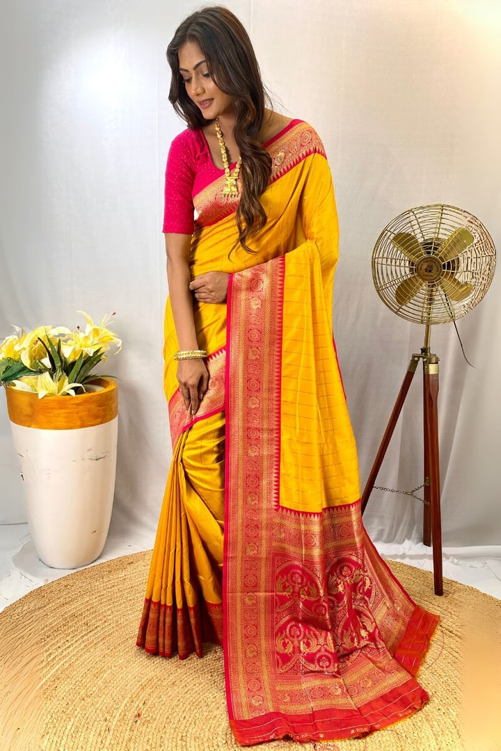 Golden Yellow Zari Woven Banarasi Silk Saree