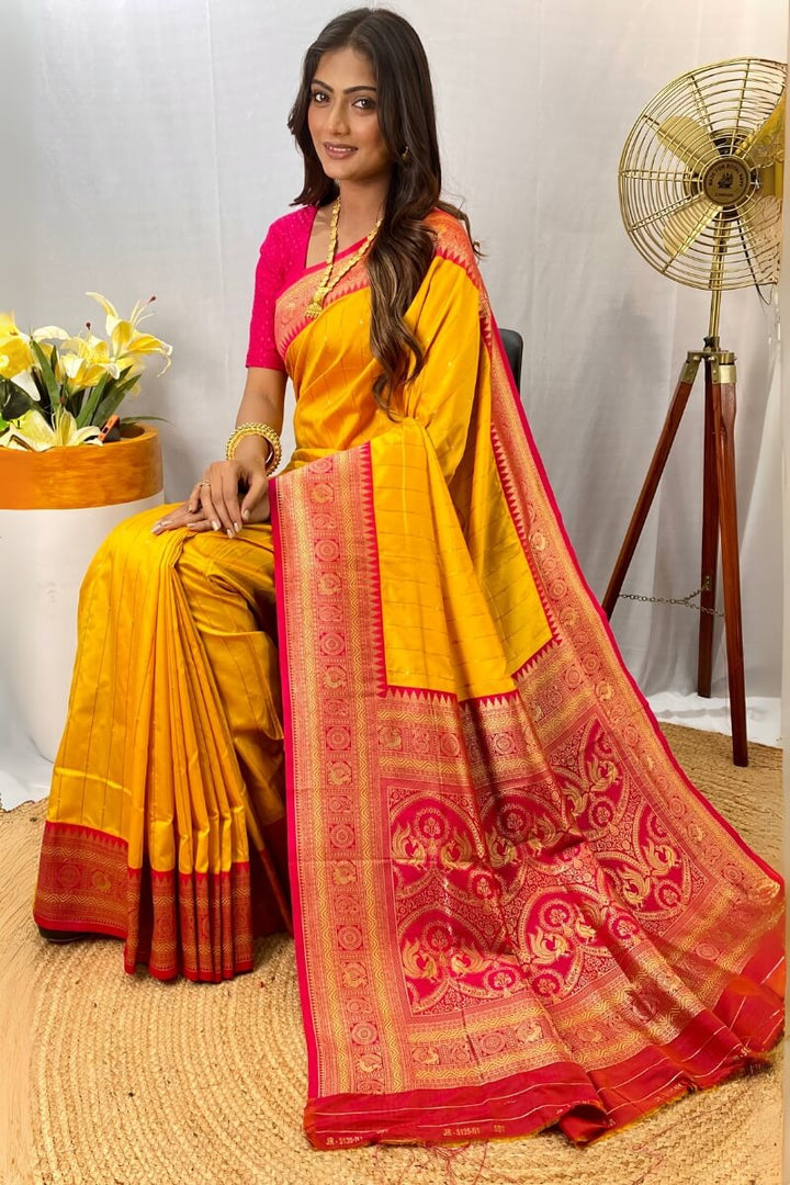 Golden Yellow Zari Woven Banarasi Silk Saree