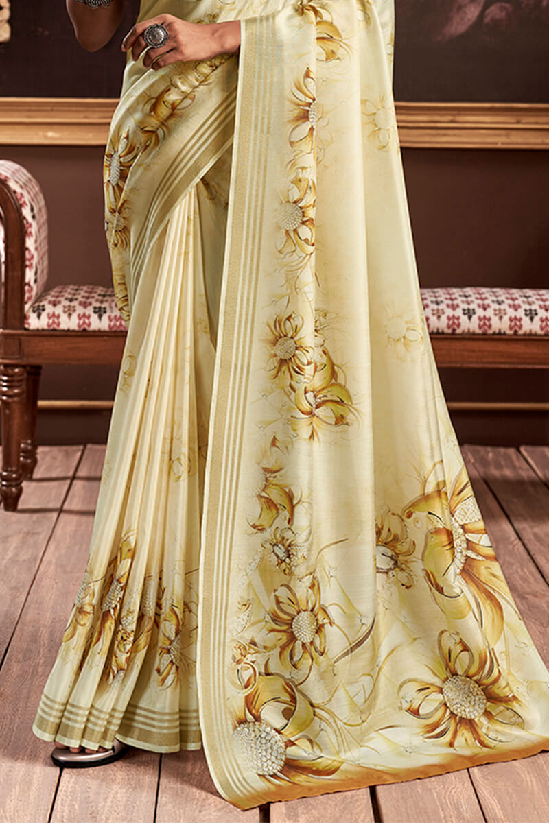 Goldenrod Yellow Floral Printed Silk Saree