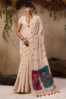 Grain Beige Handloom Munga cotton Silk Saree