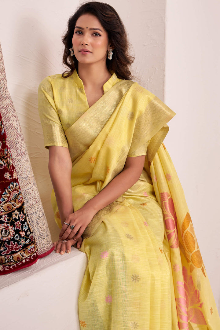 Grandis Yellow Soft Linen Silk Saree