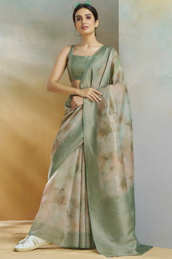 Granite Green Digital Printed Khadi Silk Saree