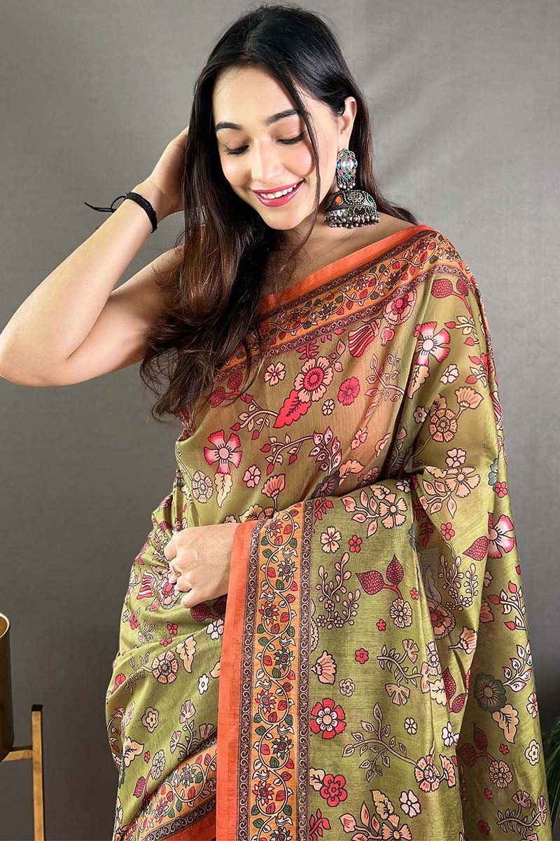 Granite Green Kalamkari Printed Cotton Saree