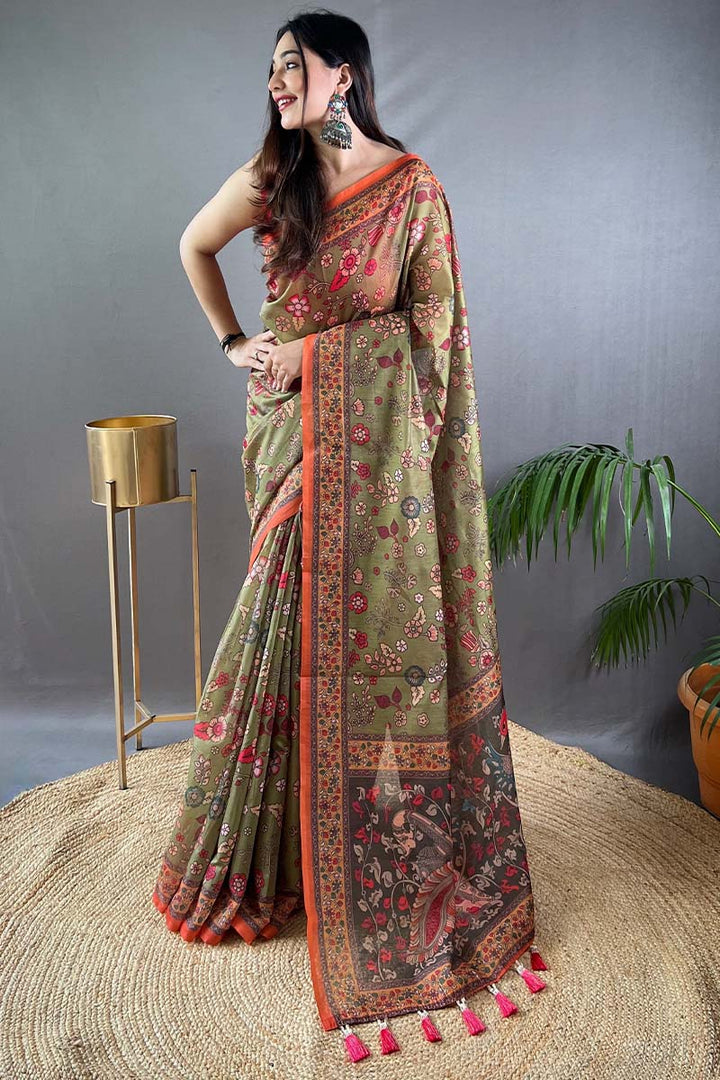 Granite Green Kalamkari Printed Cotton Saree