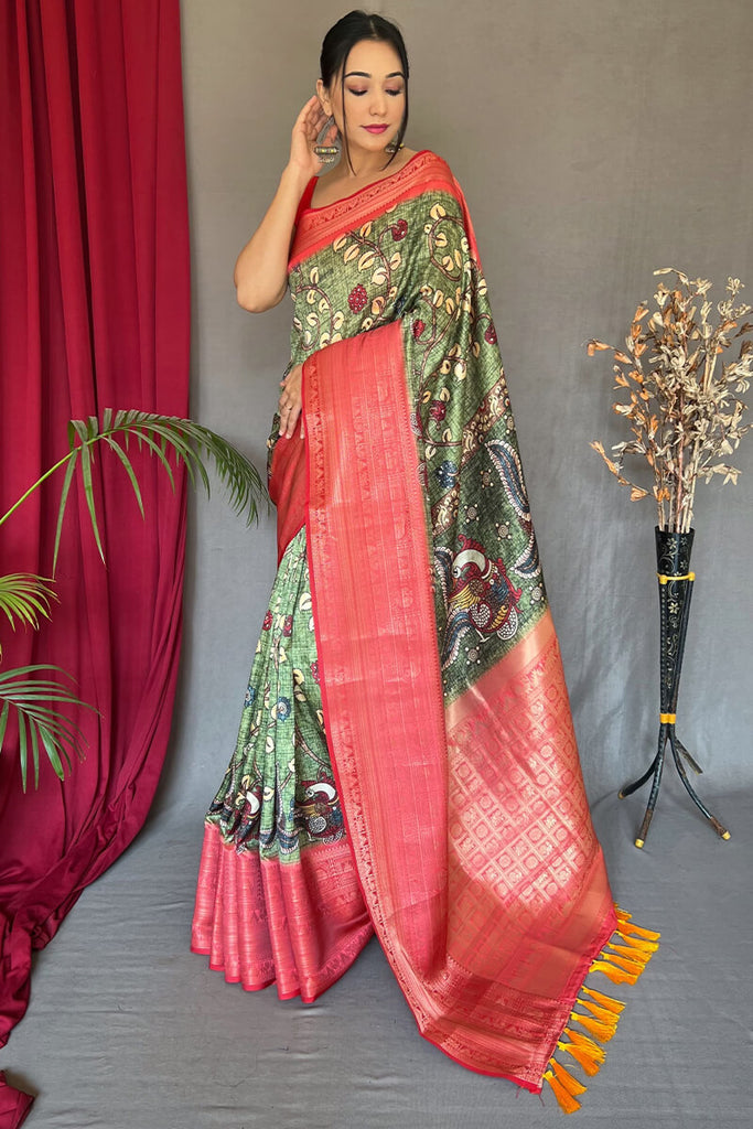 Granite Green Kalamkari Printed Soft Silk Saree