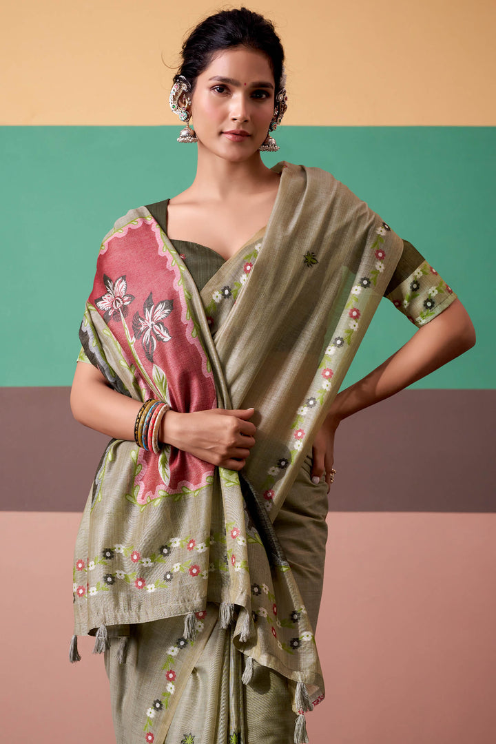Granite Green Munga Cotton Silk Saree