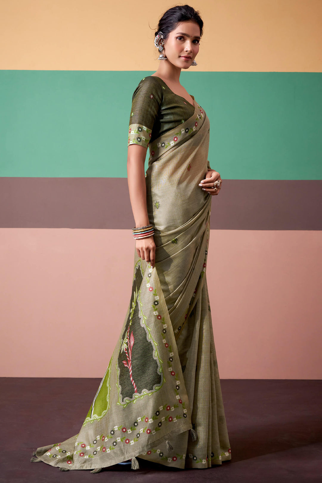Granite Green Munga Cotton Silk Saree