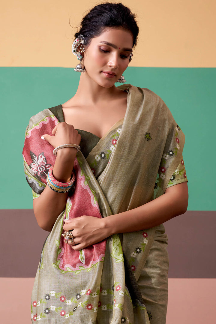 Granite Green Munga Cotton Silk Saree
