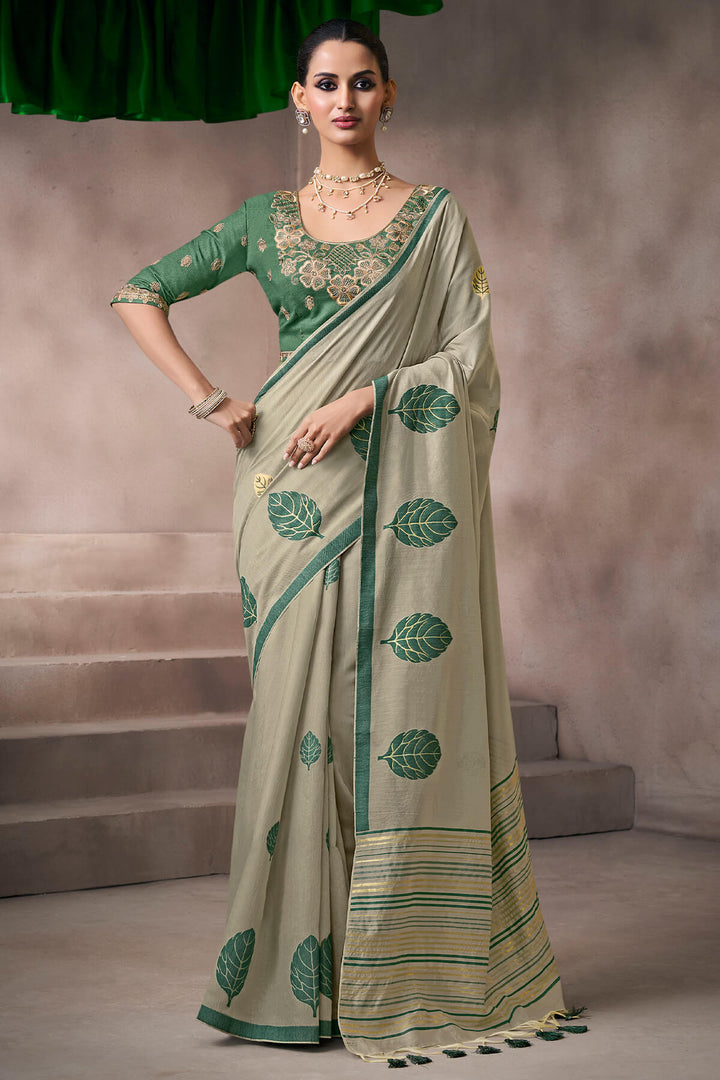 Granite Green Viscose Cotton Silk Saree with Embroidery Blouse