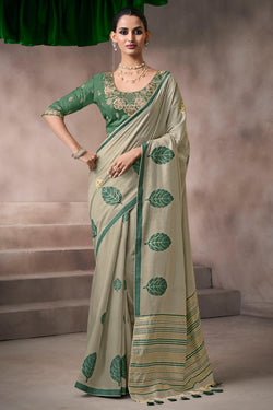 Granite Green Viscose Cotton Silk Saree with Embroidery Blouse