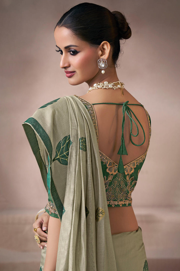 Granite Green Viscose Cotton Silk Saree with Embroidery Blouse