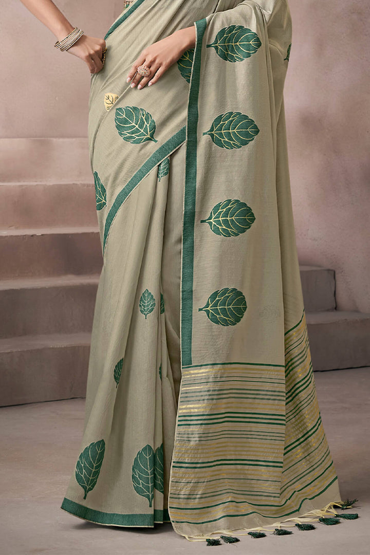 Granite Green Viscose Cotton Silk Saree with Embroidery Blouse
