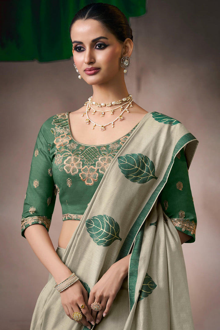 Granite Green Viscose Cotton Silk Saree with Embroidery Blouse