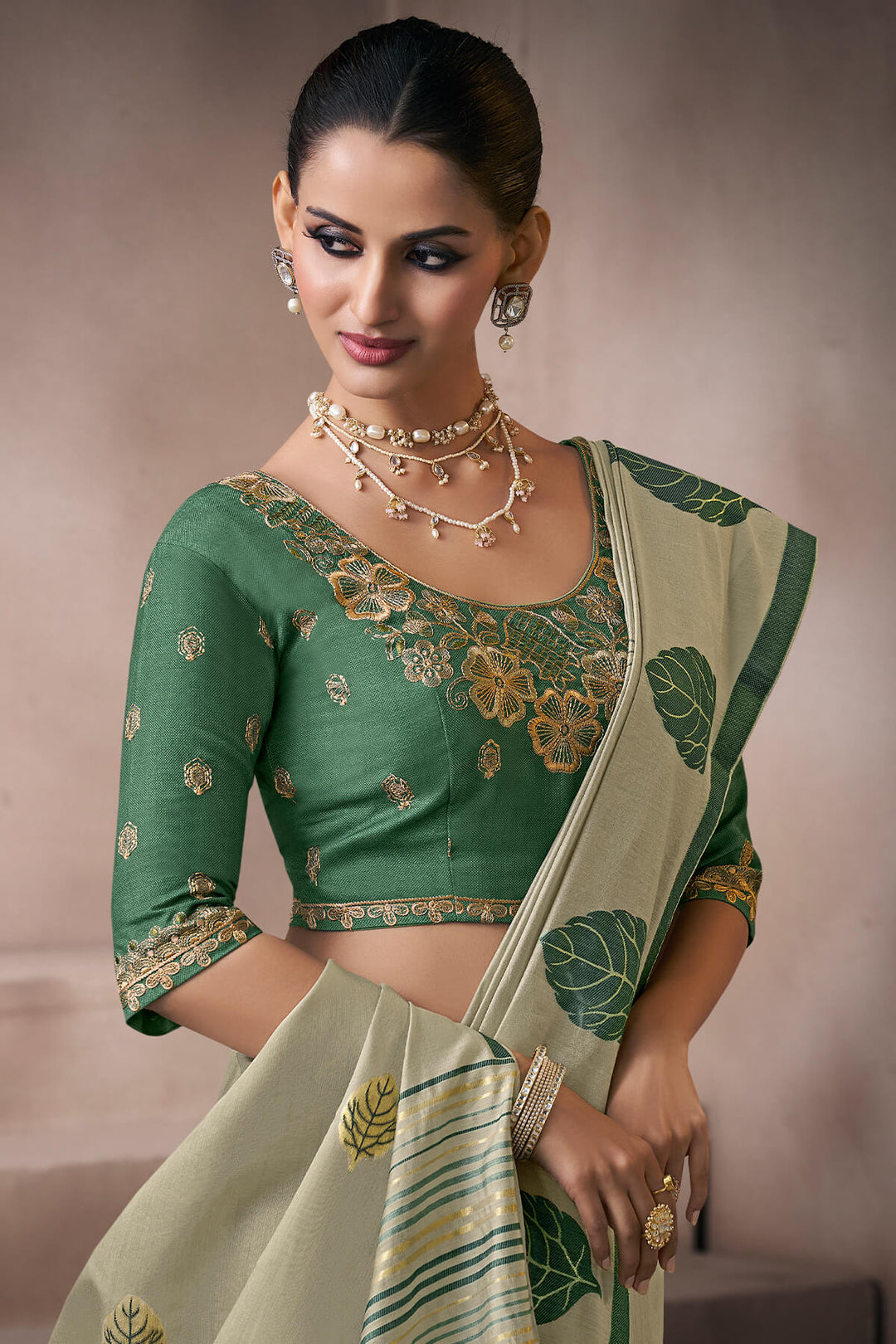 Granite Green Viscose Cotton Silk Saree with Embroidery Blouse