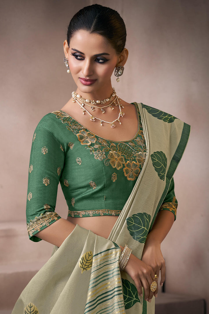 Granite Green Viscose Cotton Silk Saree with Embroidery Blouse