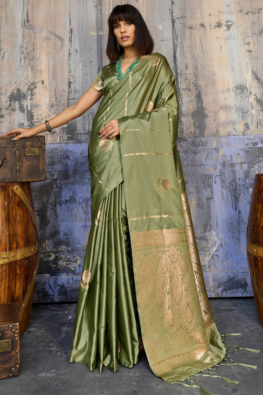 Granite Green Zari woven Banarasi Satin silk saree