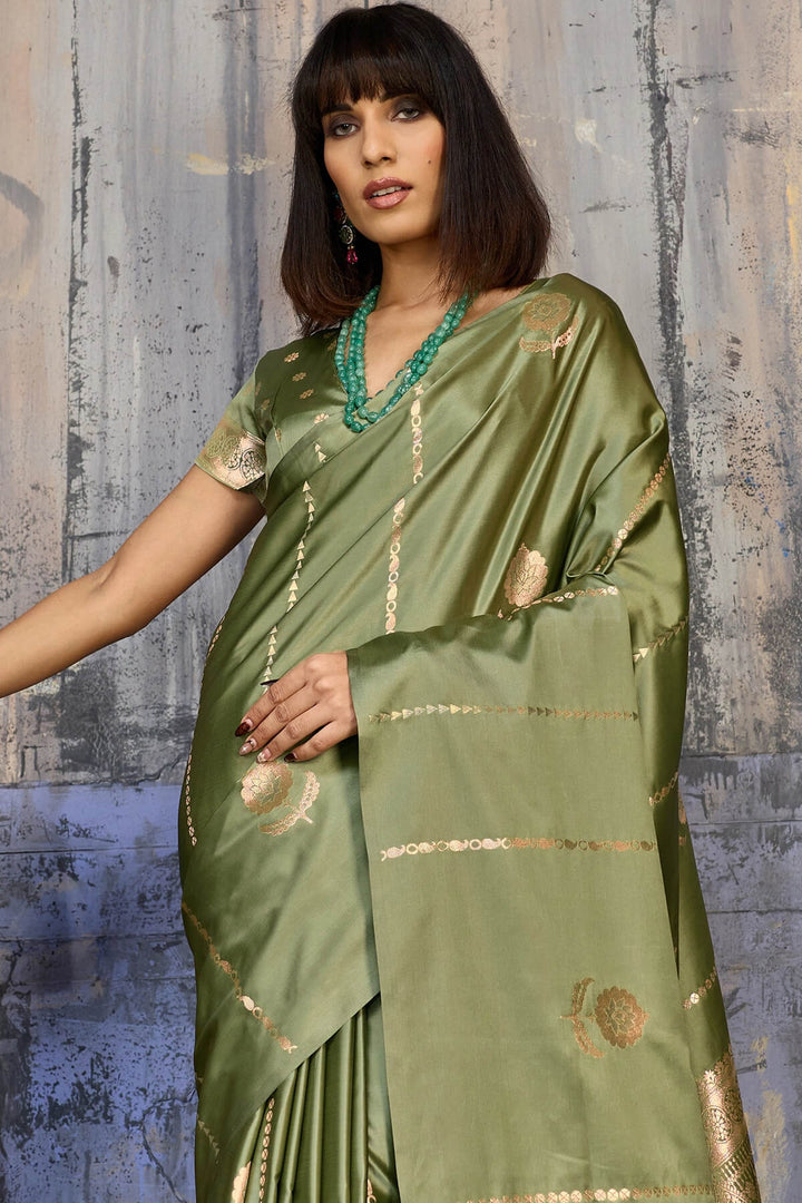 Granite Green Zari woven Banarasi Satin silk saree