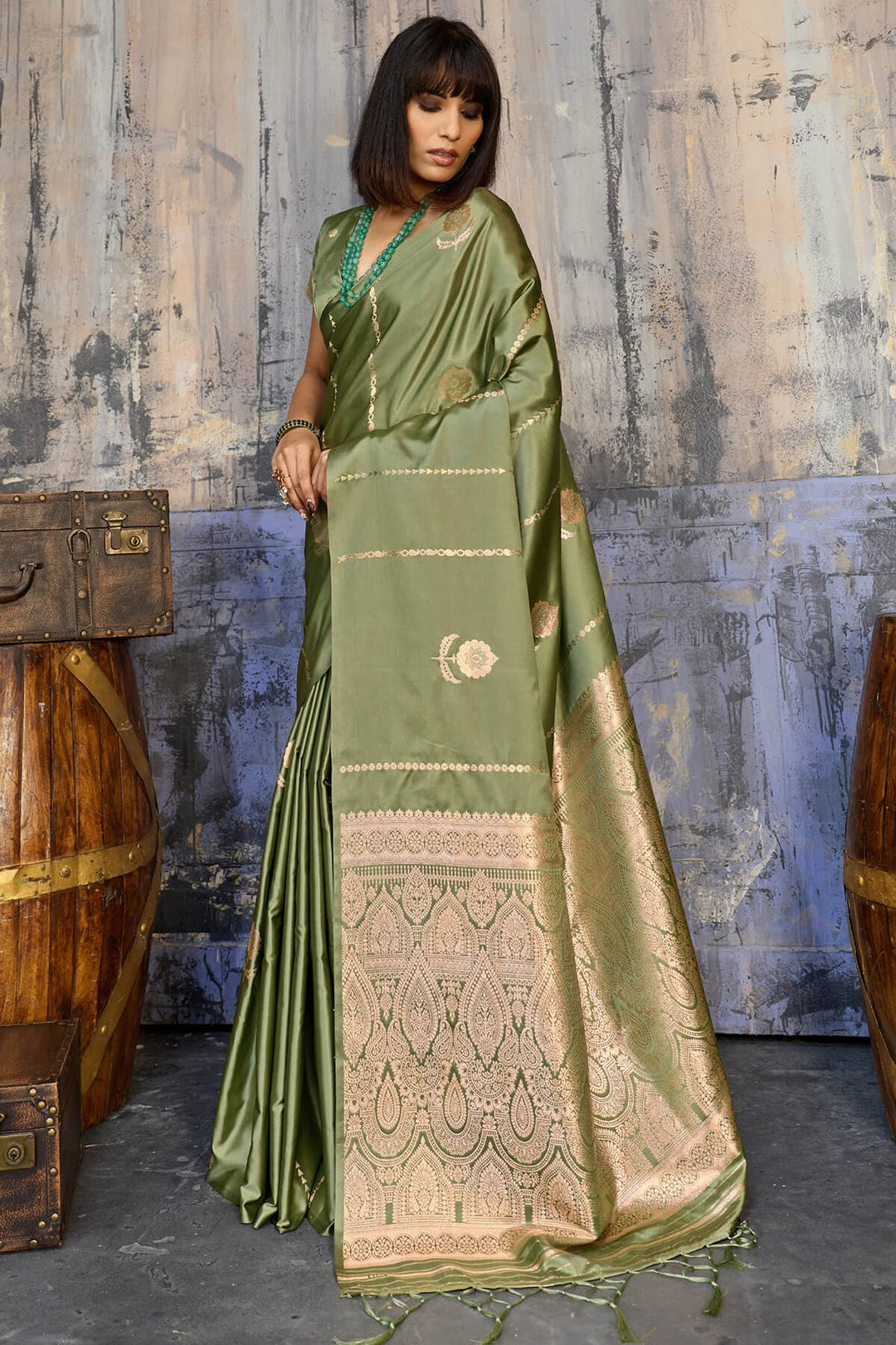 Granite Green Zari woven Banarasi Satin silk saree