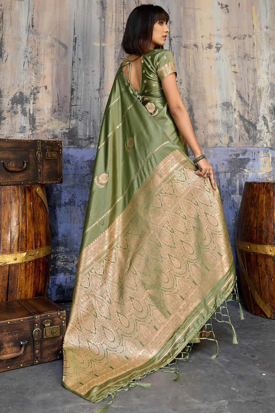 Granite Green Zari woven Banarasi Satin silk saree