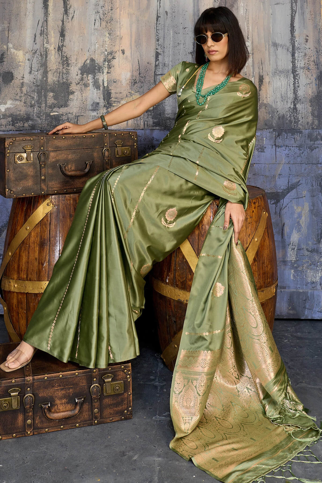 Granite Green Zari woven Banarasi Satin silk saree
