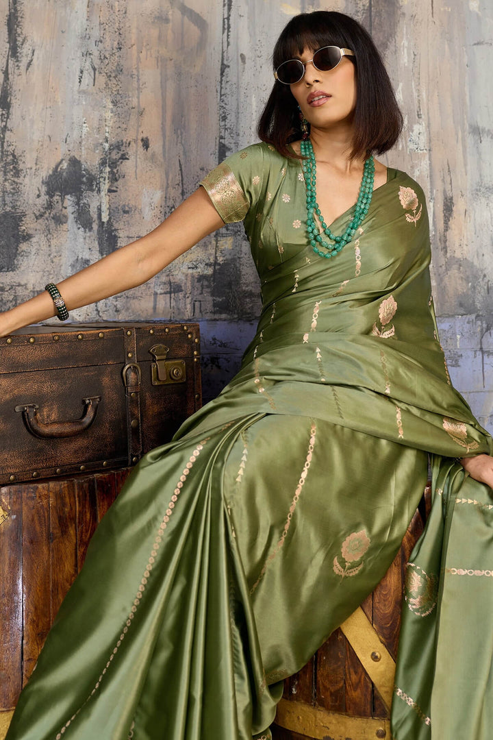 Granite Green Zari woven Banarasi Satin silk saree