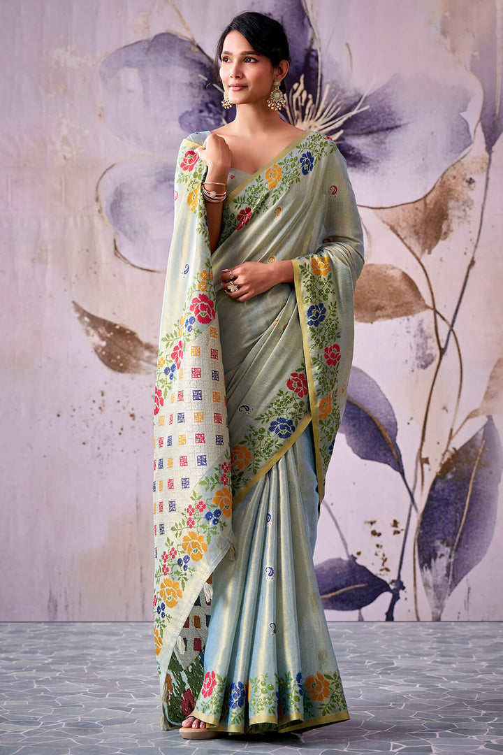 Granite Green Zari Woven Banarasi Tissue Silk Saree