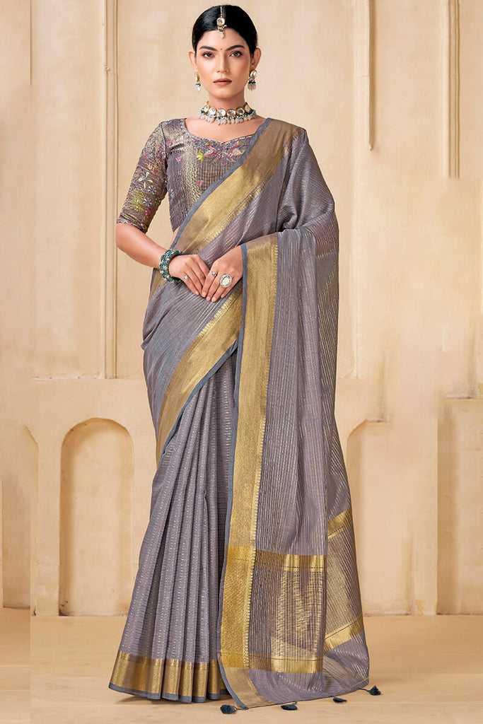 Granite Grey Viscose Spun Saree with Embroidery Blouse Piece