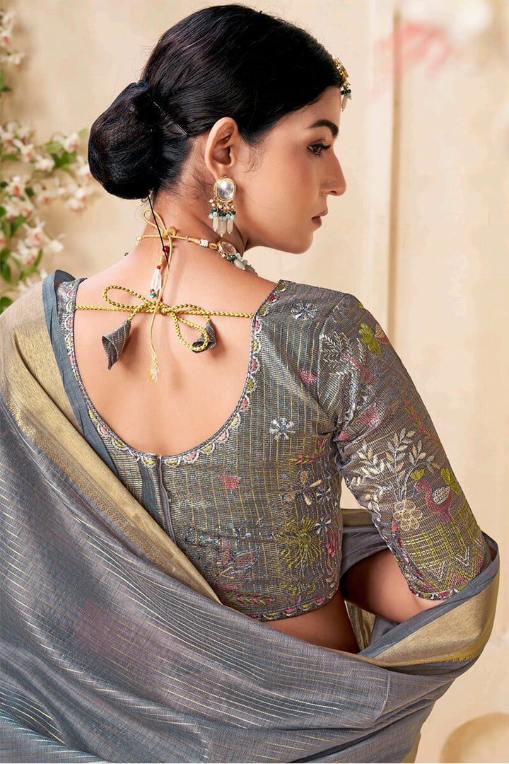 Granite Grey Viscose Spun Saree with Embroidery Blouse Piece
