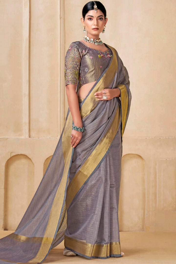 Granite Grey Viscose Spun Saree with Embroidery Blouse Piece
