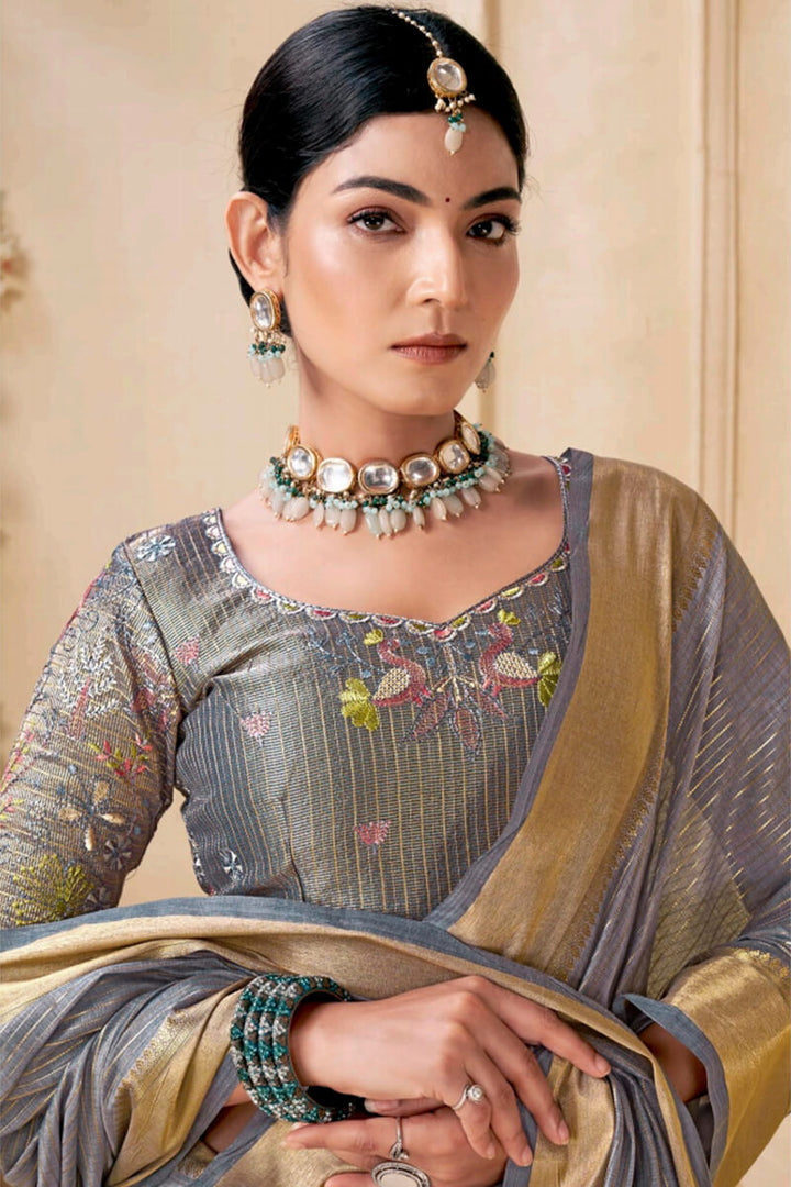 Granite Grey Viscose Spun Saree with Embroidery Blouse Piece