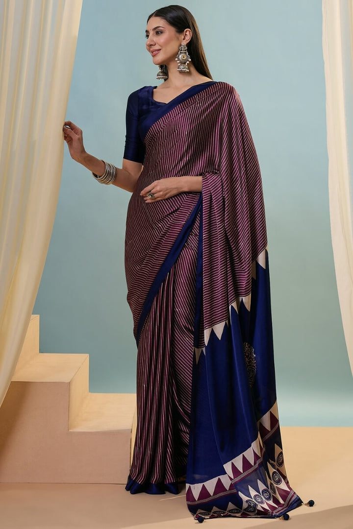 Grape Purple Ajrakh Printed Satin Silk Saree