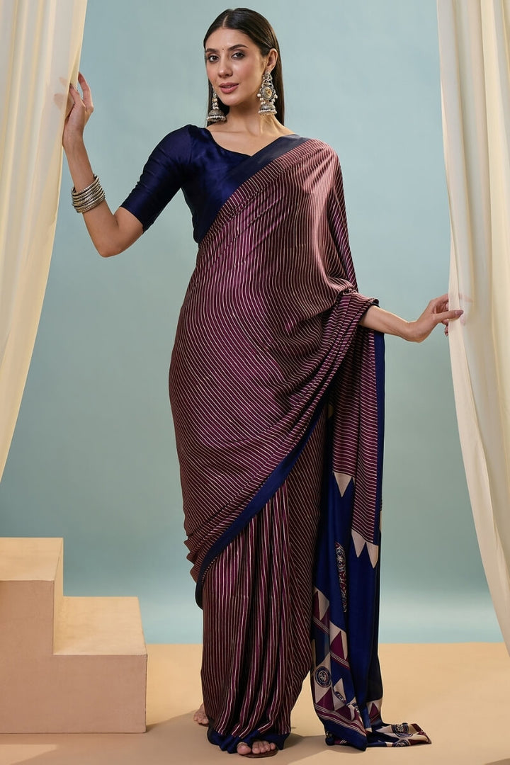 Grape Purple Ajrakh Printed Satin Silk Saree