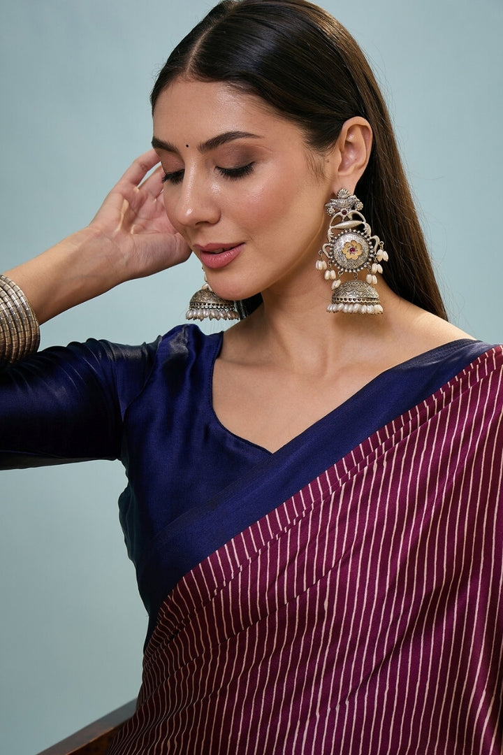 Grape Purple Ajrakh Printed Satin Silk Saree