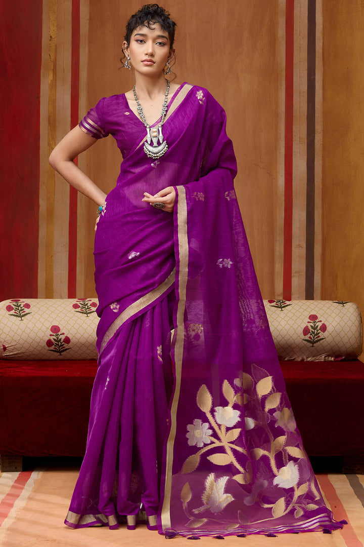 Grape Purple Munga Cotton Silk Saree with Organza Weaving Pallu