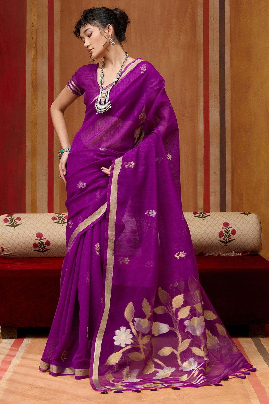 Grape Purple Munga Cotton Silk Saree with Organza Weaving Pallu