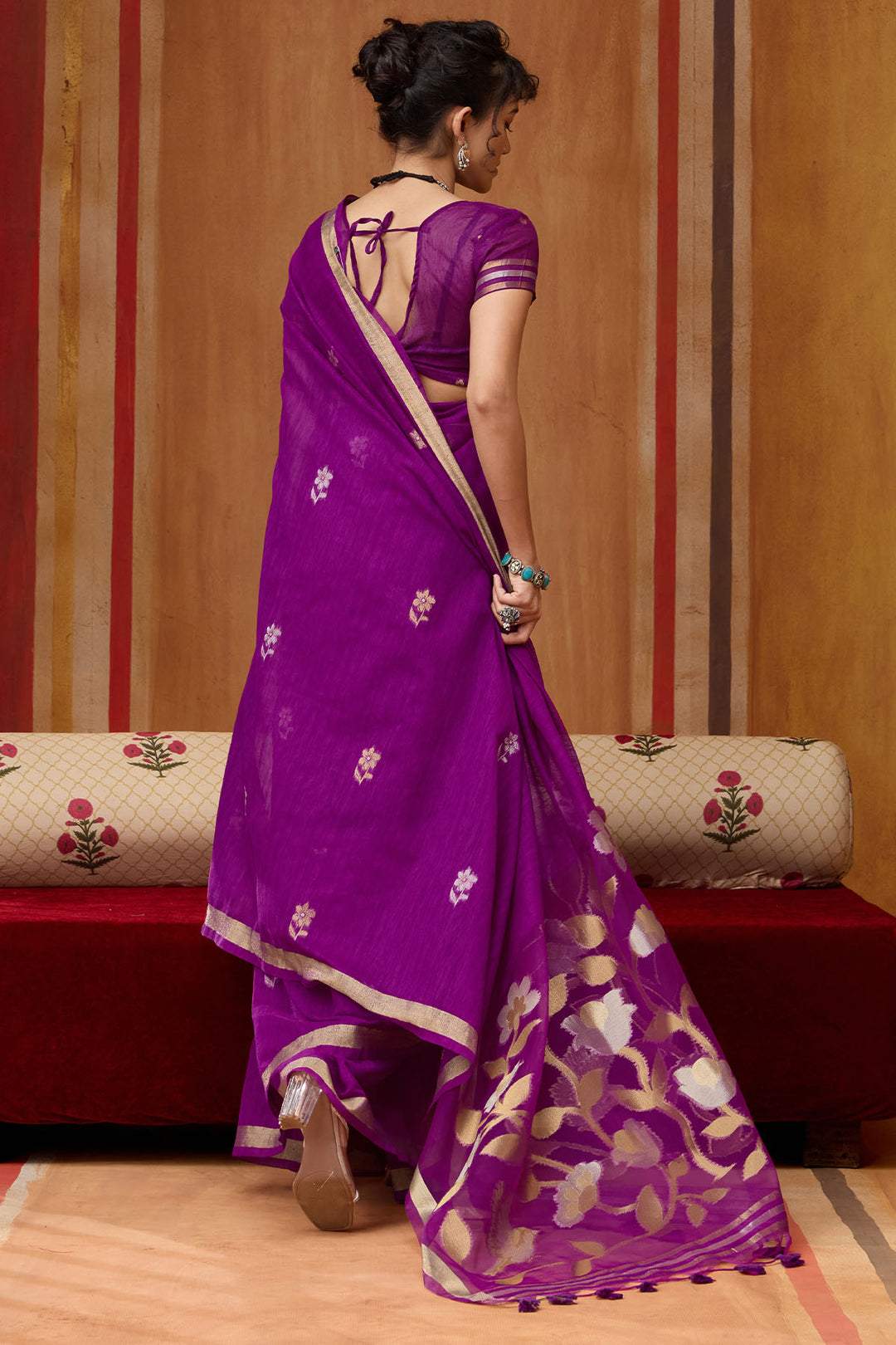 Grape Purple Munga Cotton Silk Saree with Organza Weaving Pallu