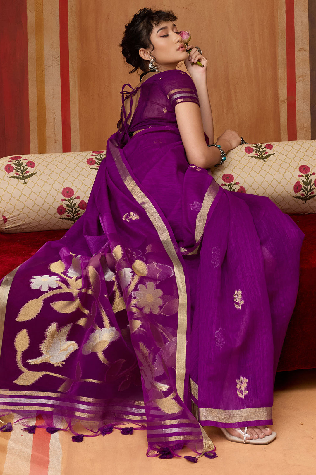 Grape Purple Munga Cotton Silk Saree with Organza Weaving Pallu