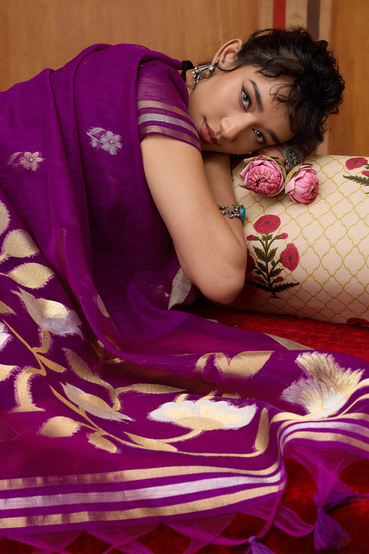 Grape Purple Munga Cotton Silk Saree with Organza Weaving Pallu