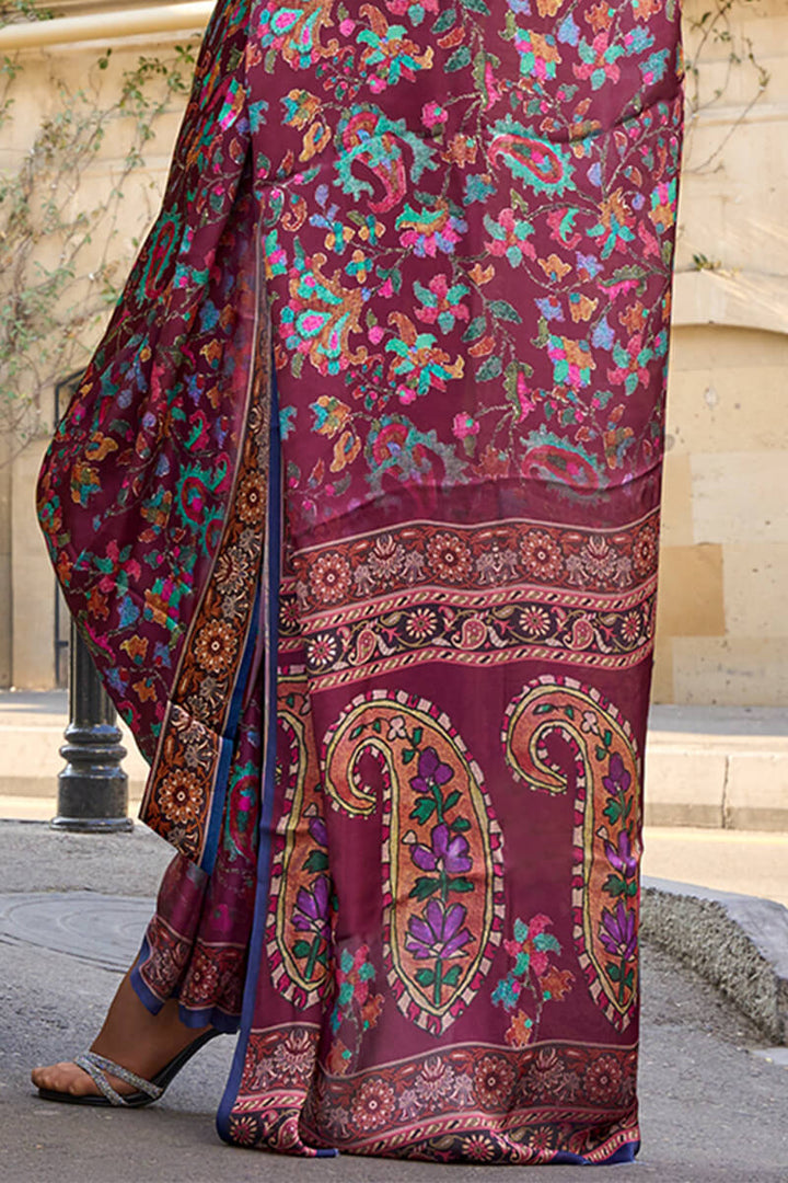 Grape Purple Printed Satin Georgette Silk Saree