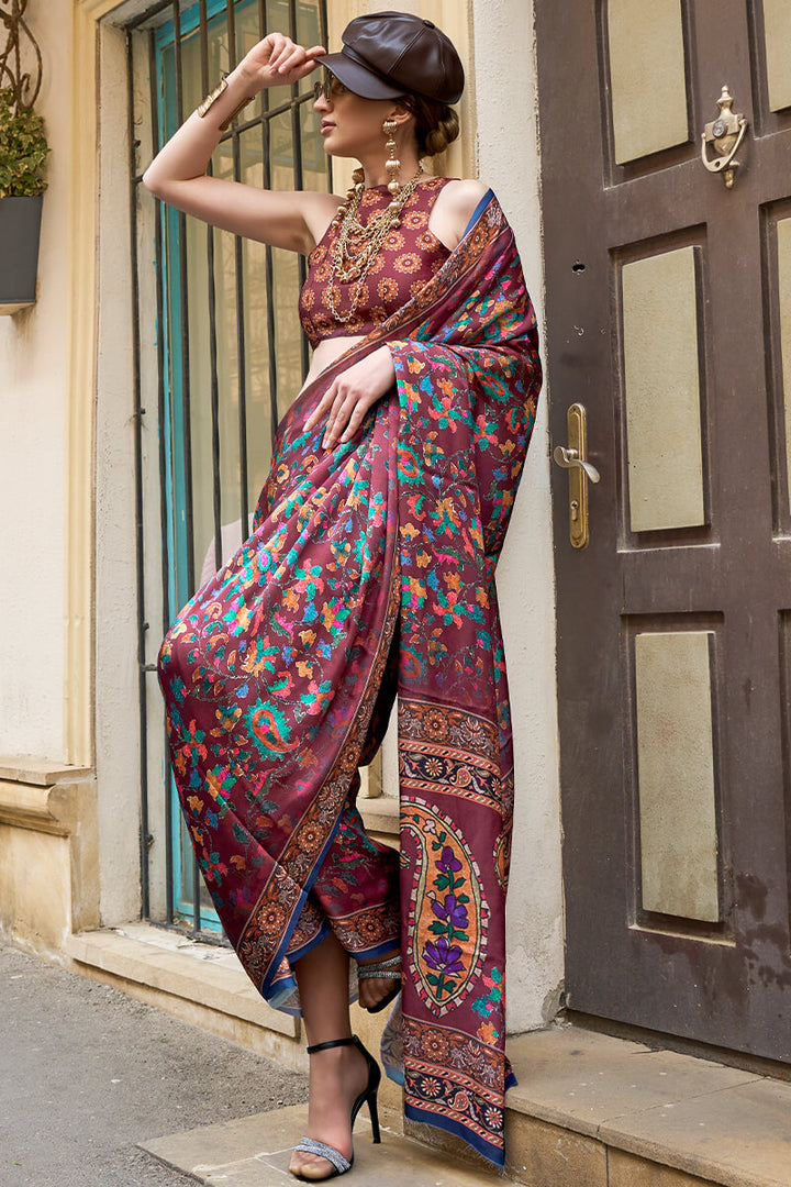 Grape Purple Printed Satin Georgette Silk Saree