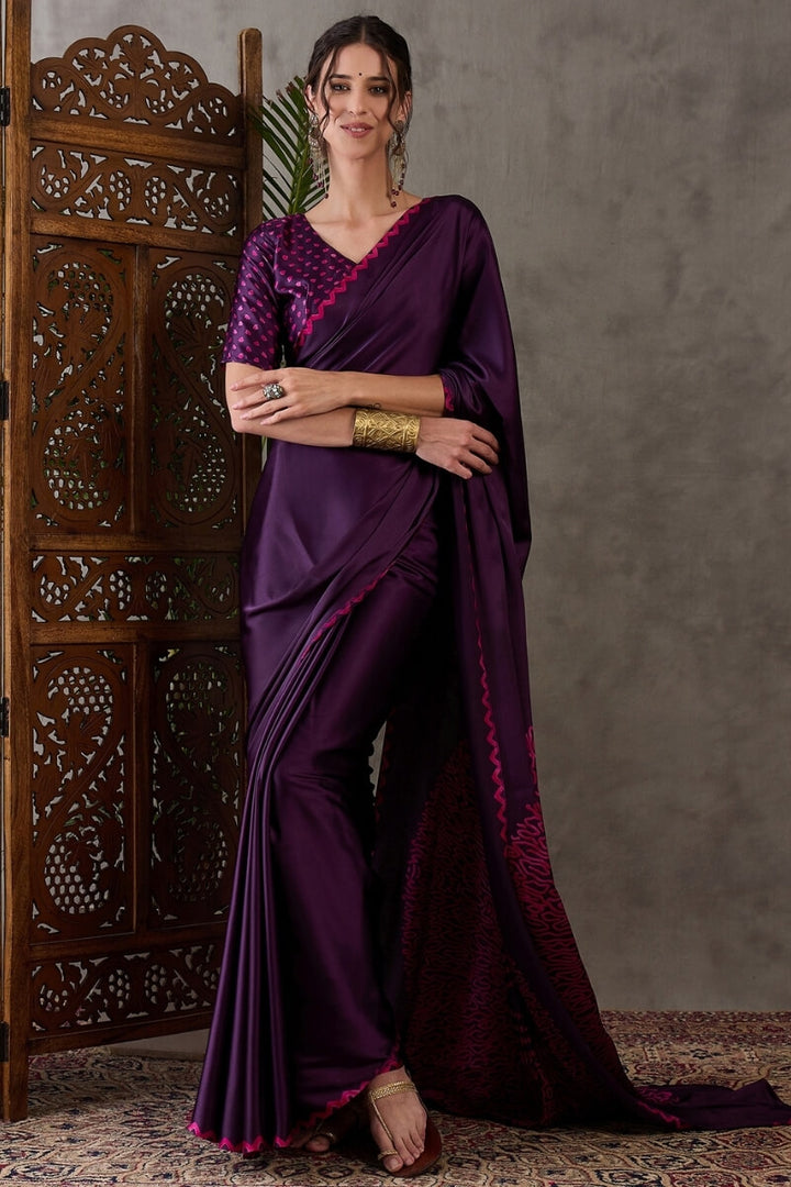 Grape Purple Printed Satin Silk Saree