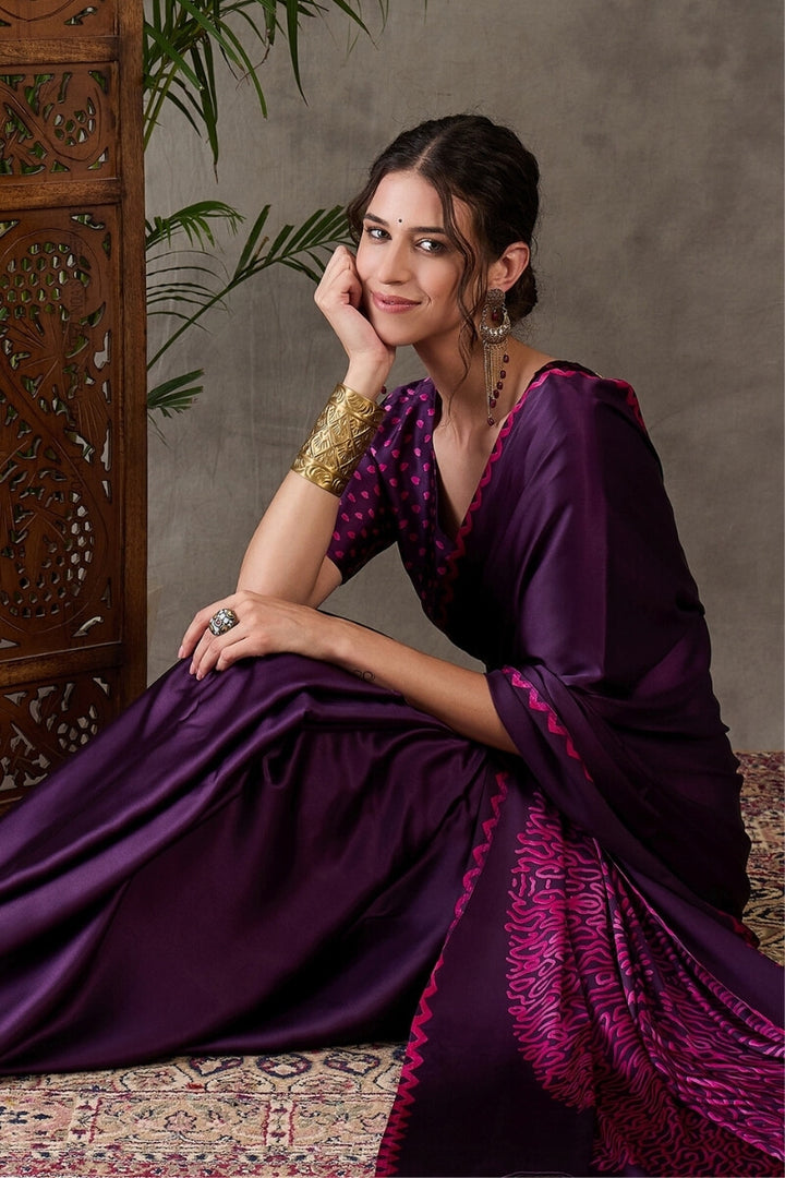 Grape Purple Printed Satin Silk Saree