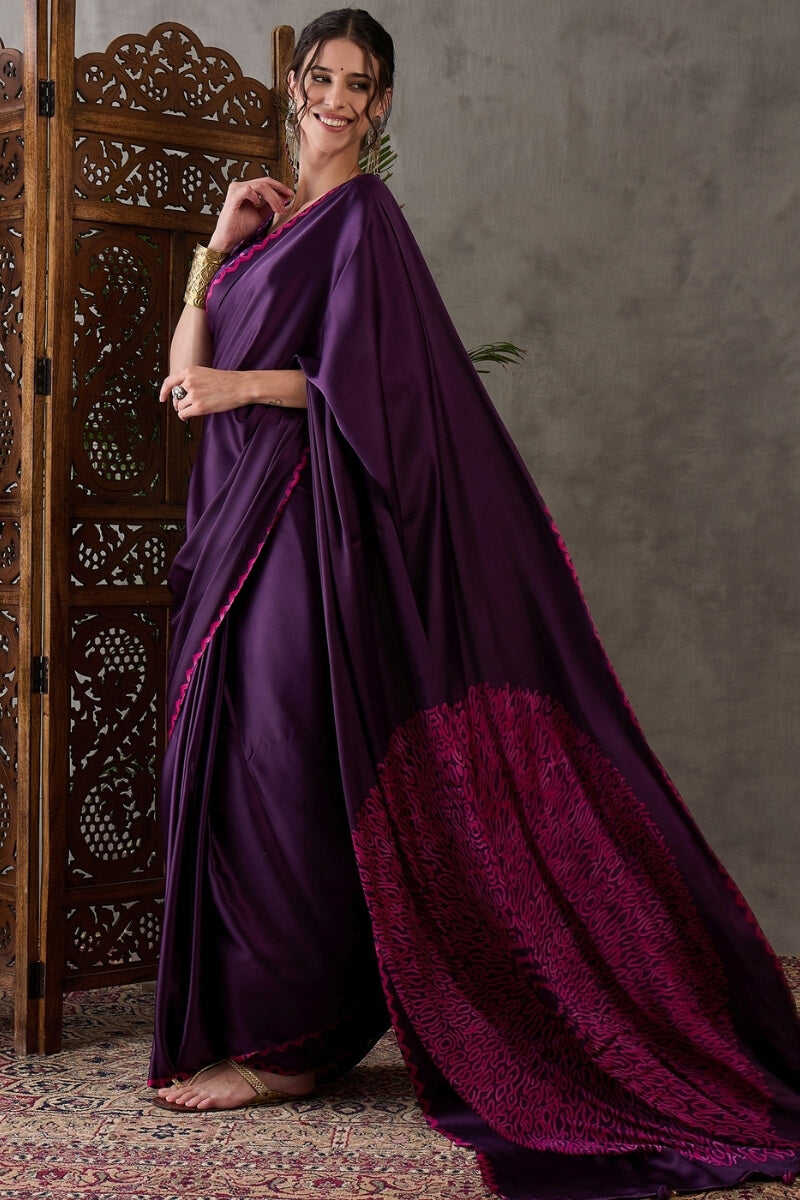 Grape Purple Printed Satin Silk Saree