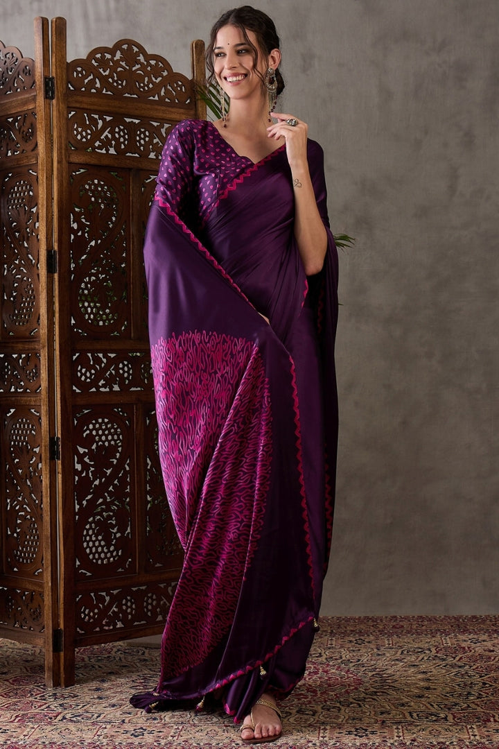 Grape Purple Printed Satin Silk Saree