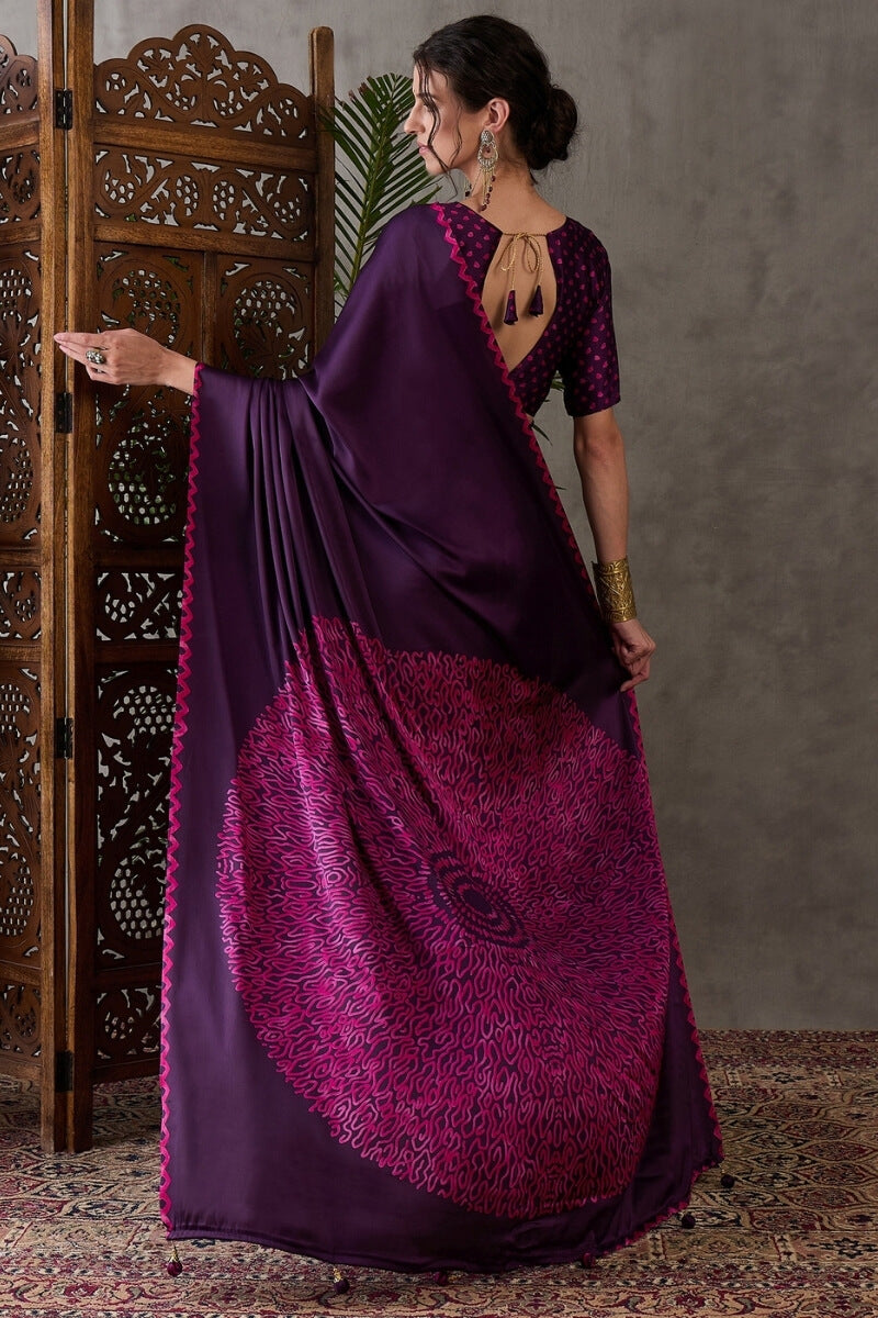 Grape Purple Printed Satin Silk Saree